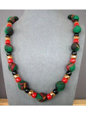 Green & Red Plaid Fabric Bead Necklace 24 Inch